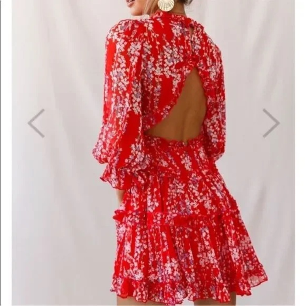 Floral Ruffle Cutouts Backless Overlay long sleeve vibrant knee dress L coastal